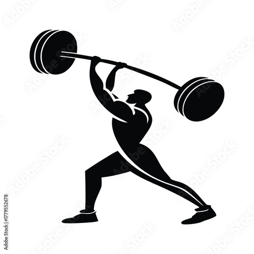 Silhouette of weightlifter performing snatch exercise with barbell overhead strength