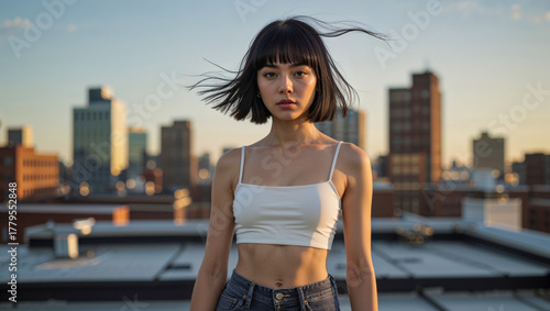  AI-generated image of a young model with short black bob, white crop-top and high-waist jeans, standing on a downtown rooftop