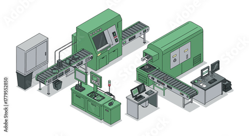 Isometric modern factory assembly line with green machinery and conveyor system