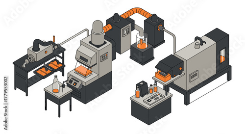 Industrial factory isometric design featuring advanced automated machinery with modern technology elements