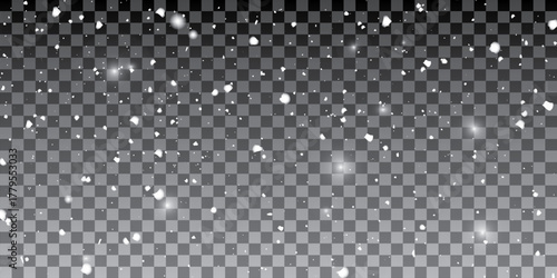 Falling snow freeze motion. Texture isolated on transparent background. Perfect for white snowflakes overlay, winter abstract