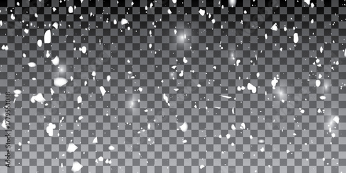 Winter fluffy snow falls on a black background. Overlay effect