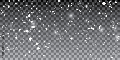 Winter fluffy snow falls on a black background. Overlay effect. Vector illustration.