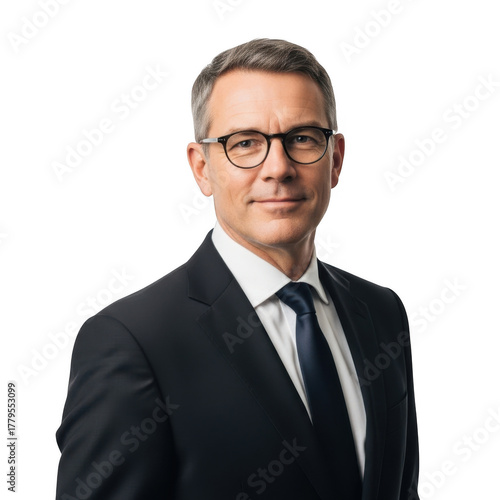 Professional business executive man wearing a sharp suit and glasses smiling confidently isolated on transparent background