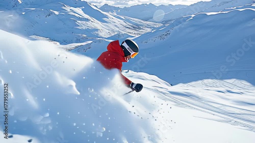 Skier in red jacket navigating pristine mountain slope in sunlit alpine landscape
