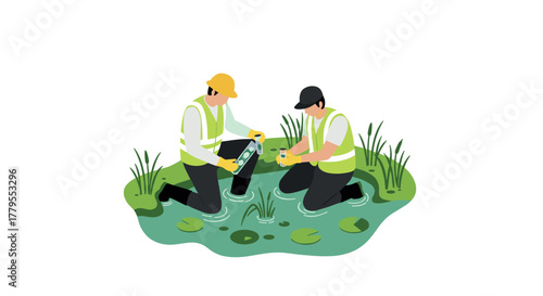 Environmental scientists collecting water samples in a wetland for analysis