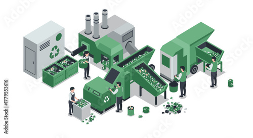 Sustainable recycling process isometric design with workers and machinery