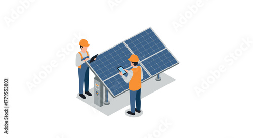 Engineers analyzing solar panels in isometric design for renewable energy project