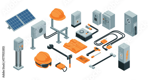 Industrial equipment isometric collection with helmet, solar panel, tools, and cables