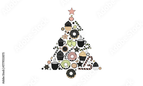 Christmas trees made from sweet icons like cupcakes, candy canes, donuts, cookies, and mugs in pastel colors with soft shadows black and white silhouette vector