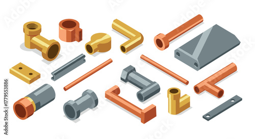Industrial isometric pipe and metal fittings set for construction design projects