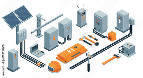 Industrial electrical equipment in isometric style with tools and power lines