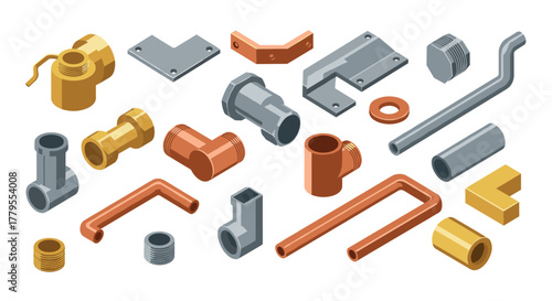 Assorted plumbing fittings collection in isometric style with metallic finishes
