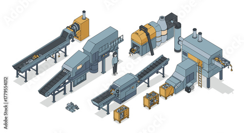 Isometric industrial factory production line with automated machines and conveyor belts