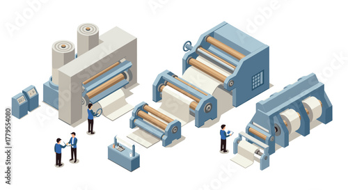 Modern isometric paper manufacturing process with industrial machines and workers
