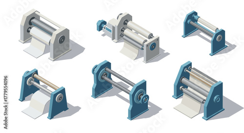 Industrial paper rollers in isometric style for packaging and manufacturing design
