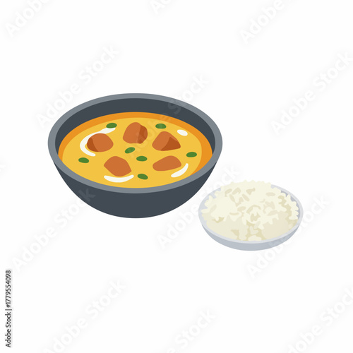 Flat Simple Chicken Curry Dish with Rice Culinary Illustration