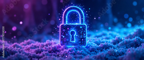 abstract vector binary winter theme cyber lock, metallic 3d pop-up in neon ice-blue and violet with frosted shimmer and glowing cyan, gold and purple points, bokeh style, 
