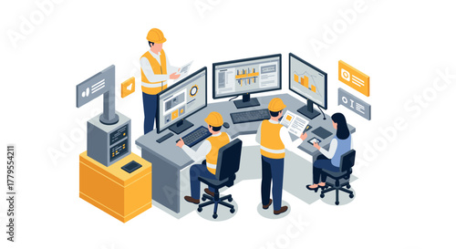 Team of engineers analyzing data on hightech engineering control monitors in modern office