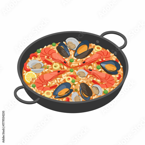 Flat Illustration of Delicious Paella Pan Seafood and Rice Dish