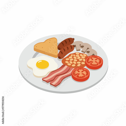 Flat Design Full English Breakfast Plate Meal Delicious Illustration