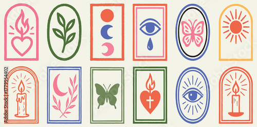 Spiritual, mystic, and nature-inspired hand-drawn symbols set: flaming hearts, sacred eye, butterflies, sun, moon phases, candles, and leaf branches in rustic bohemian style.