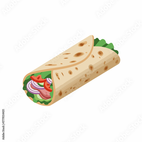 Flat Isometric Detailed Burrito Wrap with Fresh Vegetables and Meat Illustration