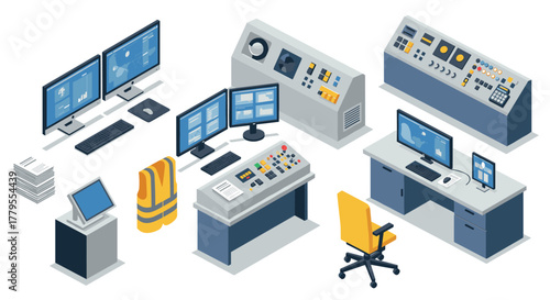 Isometric control room elements with modern office setup and technology equipment