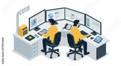 3d isometric workspace with dual monitors and modern technology in office setting