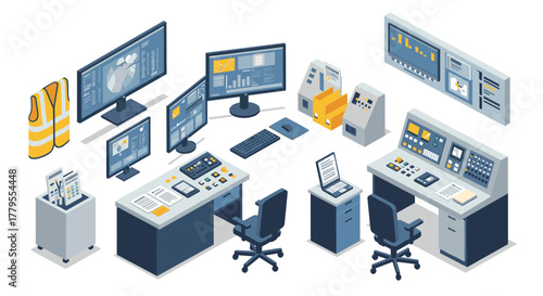 Control room with isometric technology equipment and monitors