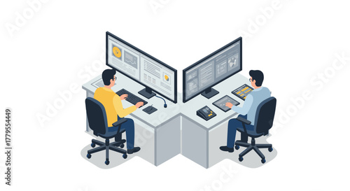 Isometric office workspace with two professionals at dual screen desks