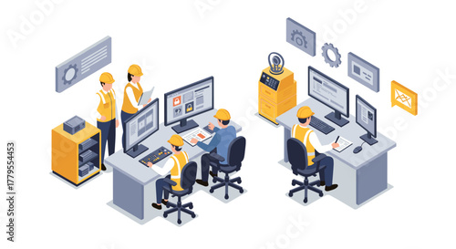 Workers in isometric smart factory control room with robotics and automation