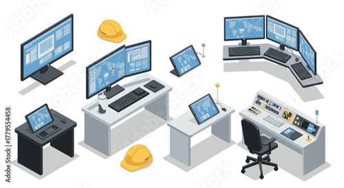 Modern control room setup with multiple monitors in isometric style