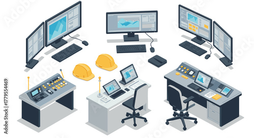 Isometric office design with computers and construction helmets