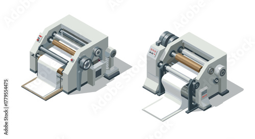 Isometric paper printing machines on white background