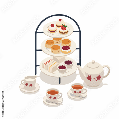 Flat Illustration Afternoon Tea Set with Sweets and Teapot Illustration