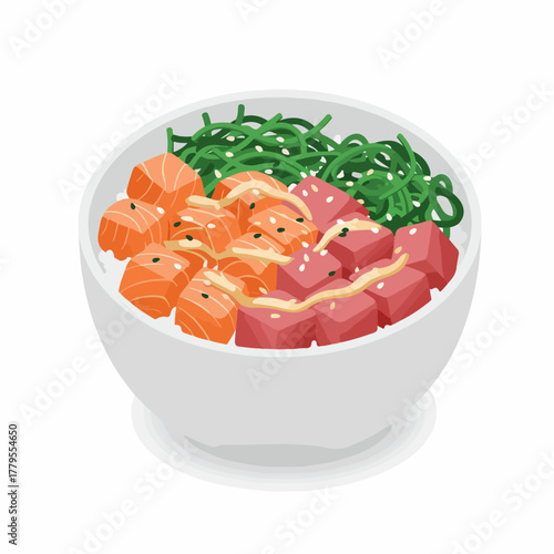 Flat Style Detailed Poke Bowl Illustration with Salmon and Tuna Chunks