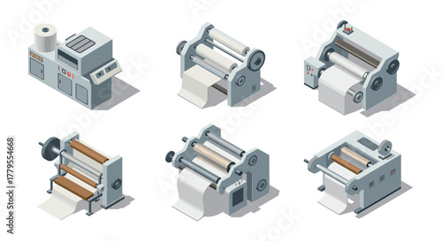 Set of modern industrial printing machines in isometric style