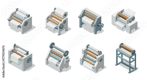 Set of isometric industrial machines for paper and textile manufacturing