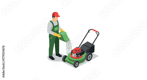 Gardener filling lawn mower with seed in isometric style on white background