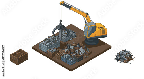 Isometric industrial excavator sorting debris at construction site
