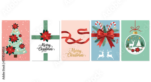 Vector illustration of collection of five christmas greeting cards with festive elements like poinsettias, ribbons, candy canes, and reindeer