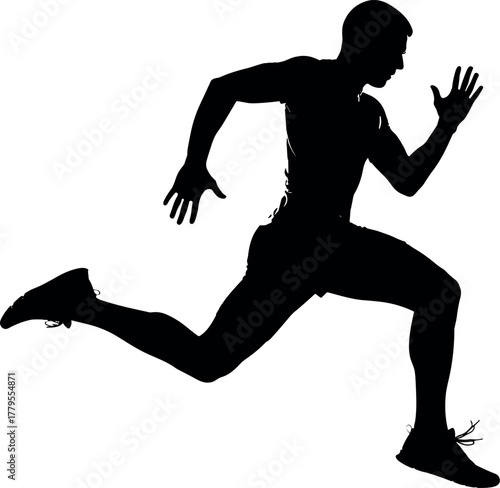 Silhouette of an athlete in full sprint, captured mid-stride during a race, showcasing speed and determination in a dynamic action shot