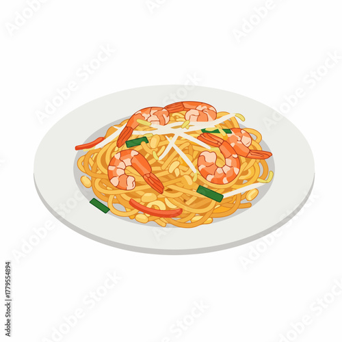 Flat Illustration Pad Thai with Shrimp Delicious Thai Food Dish