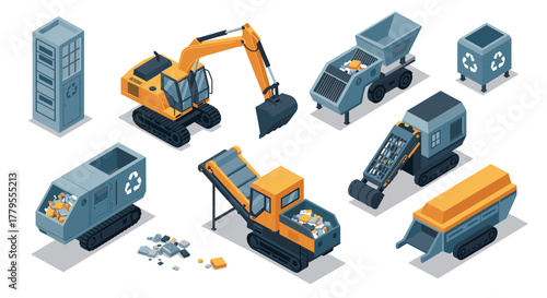 Sustainable recycling machinery isometric set featuring modern waste management equipment