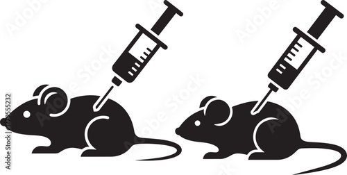 Two black silhouette mice receiving injections from syringes silhouette