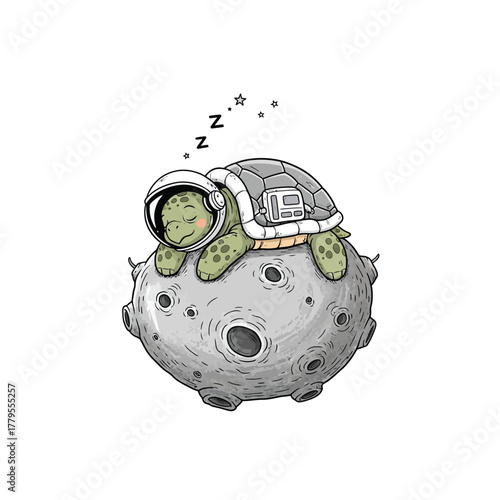 Adorable turtle astronaut sleeping soundly on the moon dreaming of interstellar adventures vector on isolated  white background.