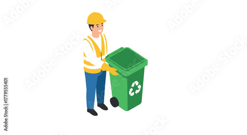 Sanitation worker with recycling bin isometric design for environmental campaigns