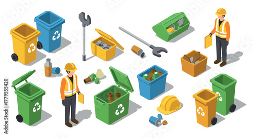 Isometric recycling theme with workers, bins, and tools in high visibility apparel