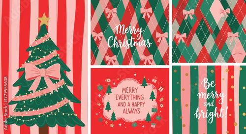 Vector illustration of a festive collection of christmasthemed illustrations including a decorated christmas tree, argyle patterns, and holiday greetings with festive elements